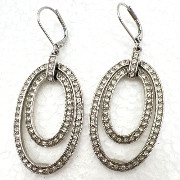 Givenchy Earrings Pave Crystal Double Oval Drop Dangle Leverback Silver Tone - Picture 9 of 9